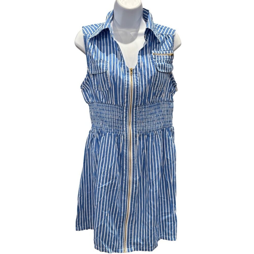 J. Gee Y2K Striped Zip Dress PXL Blue White Cotton Smocked Waist Mini Sleeveless
